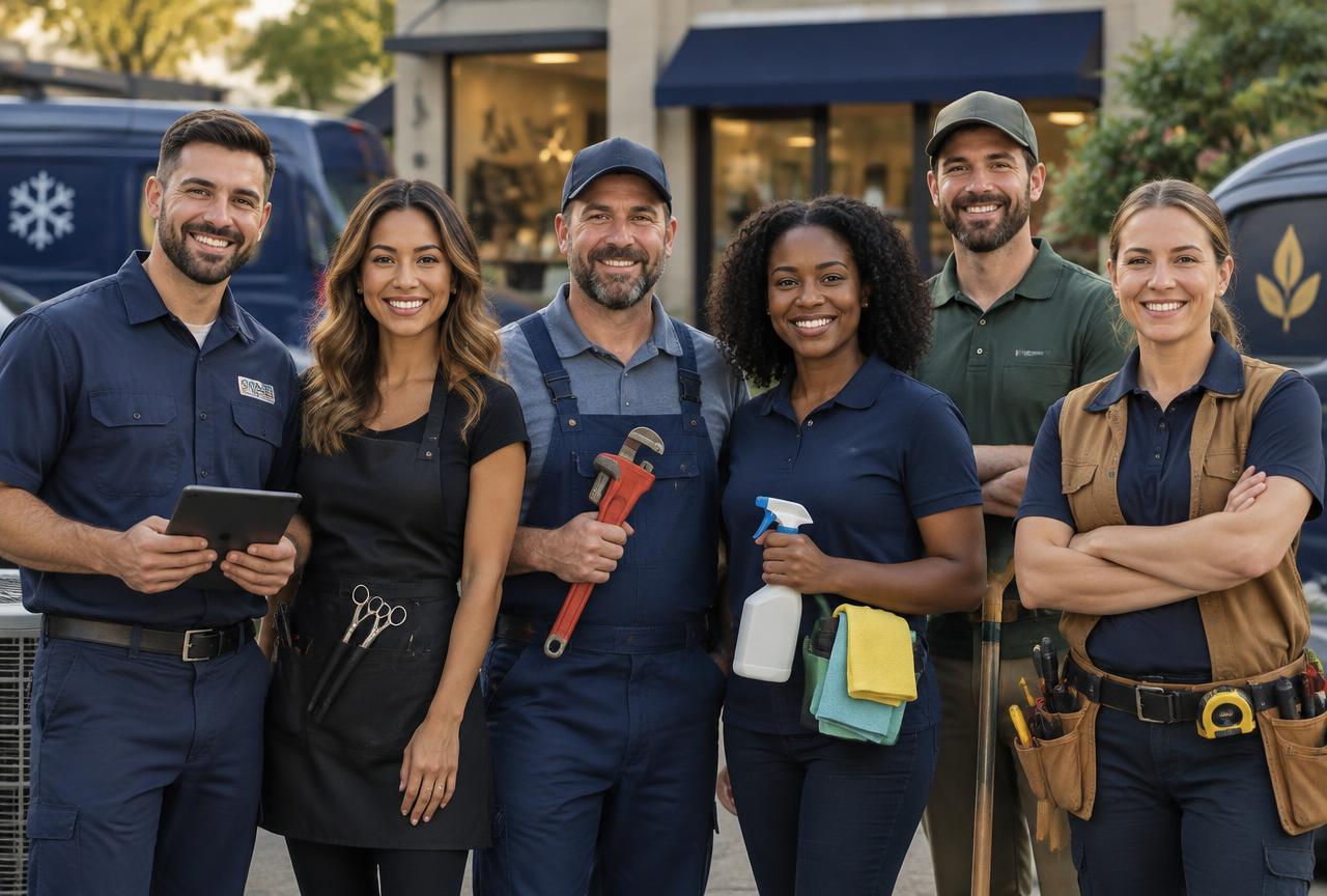 Happy service industry professionals — HVAC, plumbing, salon, cleaning, landscaping and contractor business owners