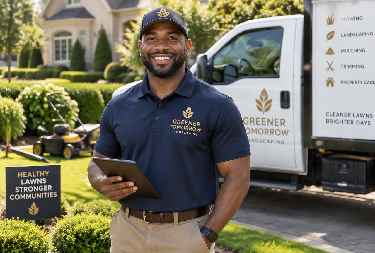 A smiling Black male lawn care business owner with a landscaping truck and equipment
