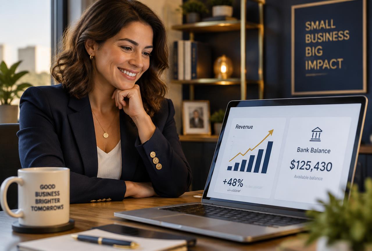 Business owner reviewing rising revenue and a growing bank balance